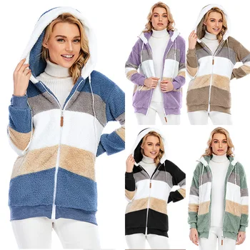 2021 nowa jesienno-zimowa wolna pluszowe kolorowa kurtka z kapturem dla kobiet