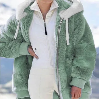 Kobiecy płaszcz zimowy z kapturem na Zamek, Bielizna Wygodne Ciepłe Uniwersalne płaszcz z Wełny Jagnięcej, Koreański Modne Dżinsy w Klatce