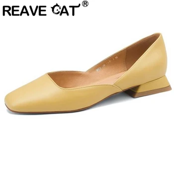 REAVE CAT/2022/ Damskie czółenka z kwadratowym czubkiem na niskim obcasie, bez zapięcia z owczej skóry, Rozmiar 34-39, gładkie, żółte, Beżowe, Moreli, wiosenne, zwięzłe, S2804