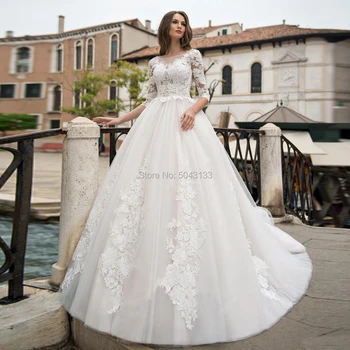 Urocze Koronki Z Długim Rękawem, Suknie Ślubne Vestidos De Noiva 2021 Sukienka Z Okrągłym Dekoltem Sukni Ślubnej Panny Młodej