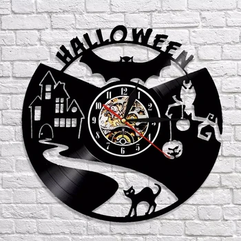 Wampirze Nietoperze Wystrój Domu Zegar Ścienny Halloween Płyta Winylowa Zegar Ścienny Czarny Sylwetka Kota Dekoracyjny Zegar Ścienny Nowoczesny Uchwyt Sztuka